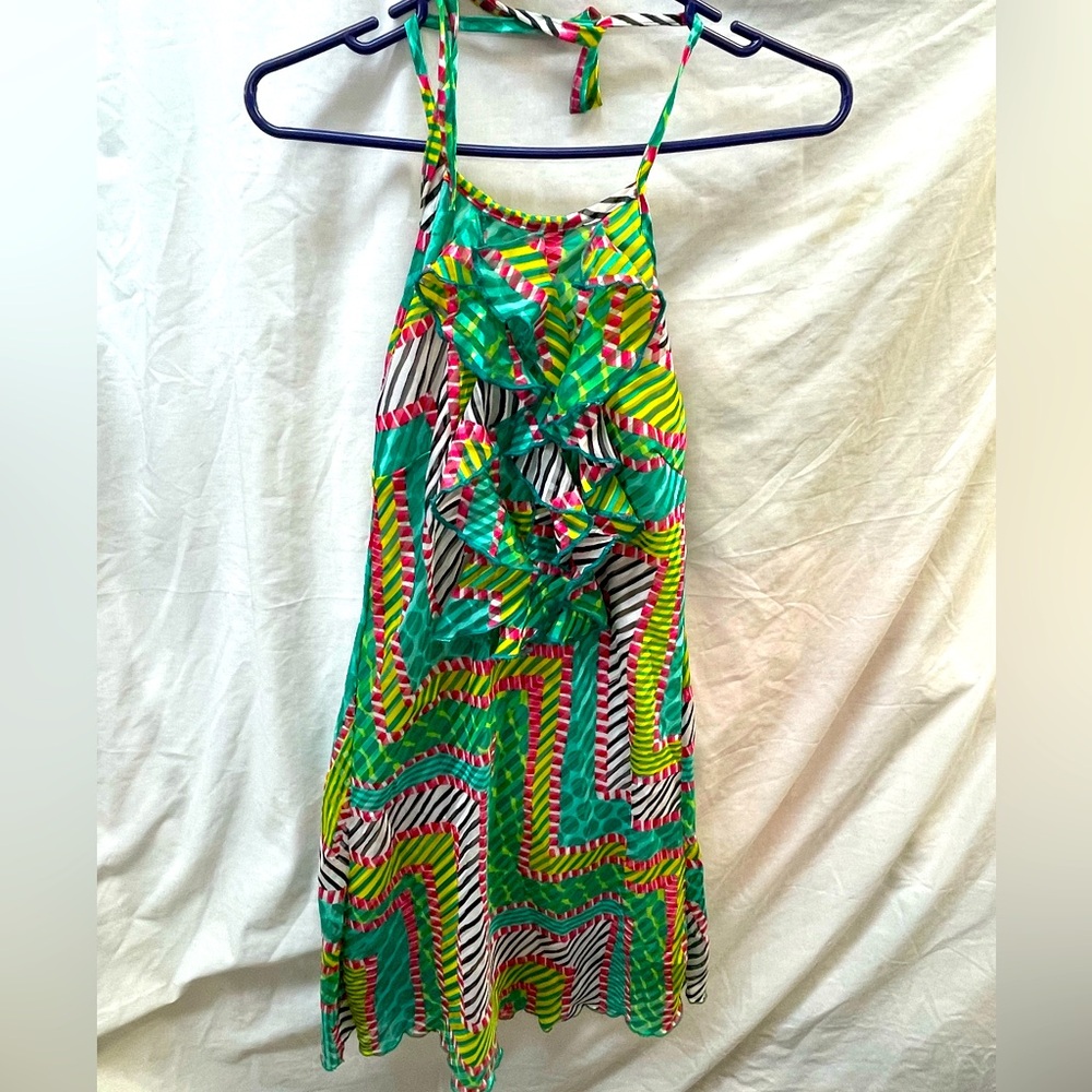 Ventti Multicolor Zigzag Halter ruffled front lined Dress ladies sz S